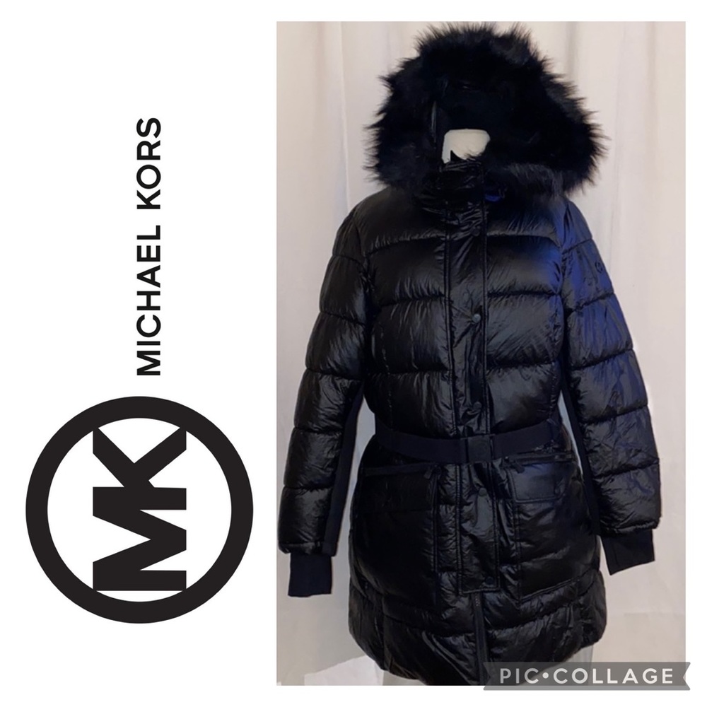 **NWT** MICHAEL KORS Black Belted Puffer Jacket/Coat with Fur Hood 1X